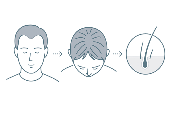 10代が見逃しやすい若年性AGAの初期サイン|M字・つむじ・細毛化の3パネル図