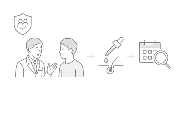 10代のAGA治療フロー|相談・診断・外用ミノキシジル・経過フォロー(保護者同意バッジ付き)