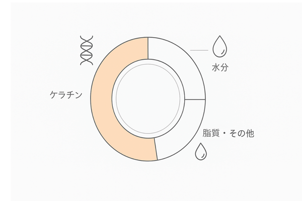 髪の構成とケラチン比率（ケラチン85–90％・水分・脂質のイメージ図）
