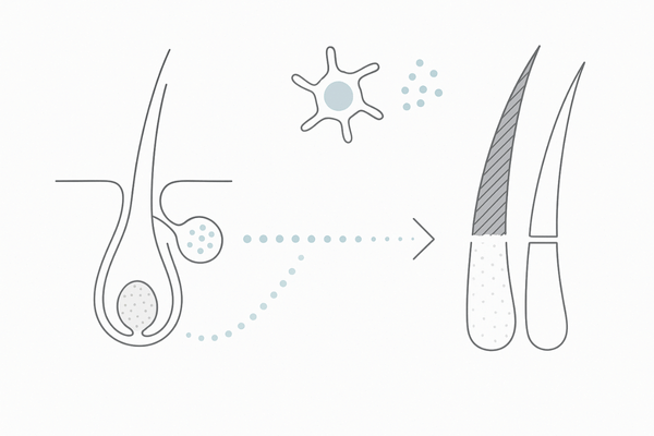 白髪が生まれる仕組み（メラノサイトとケラチンの連携フロー）