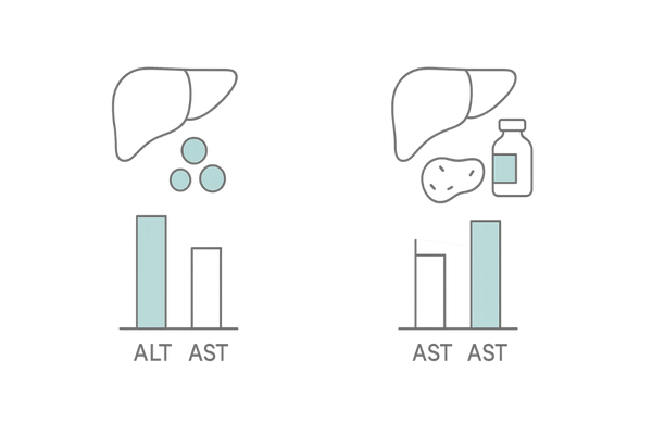 AST/ALT比の左右比較｜ALT優位（ウイルス性・脂肪肝）とAST優位（アルコール性など）