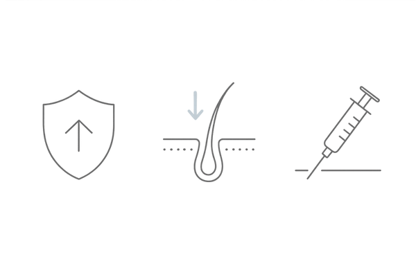 M字はげの治療法|内服(5α阻害)・外用(発毛促進)・注入治療の役割イメージ