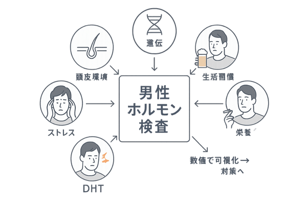 薄毛要因マップと男性ホルモン検査の位置づけ（AGA対策の出発点）