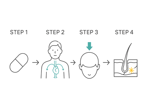ミノキシジル内服薬の作用フロー（全身循環から毛包へ）｜ミノキシジル 内服 外用 違い