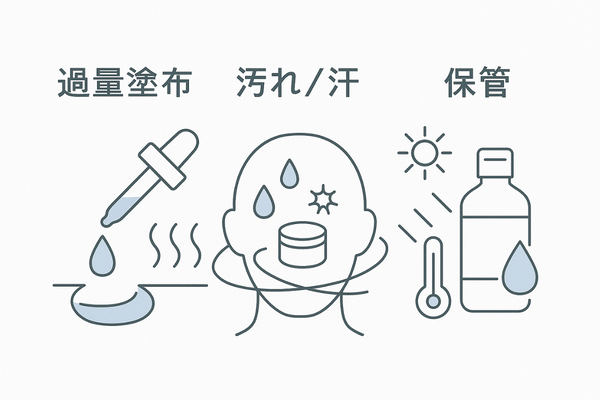 ミノキシジルの匂いを強める要因｜使い方・頭皮環境・保管の3分割図