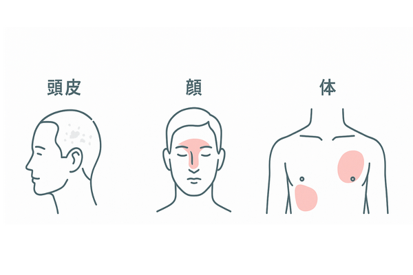 脂漏性皮膚炎の主症状と好発部位の図解（頭皮・顔・体の3カラム）