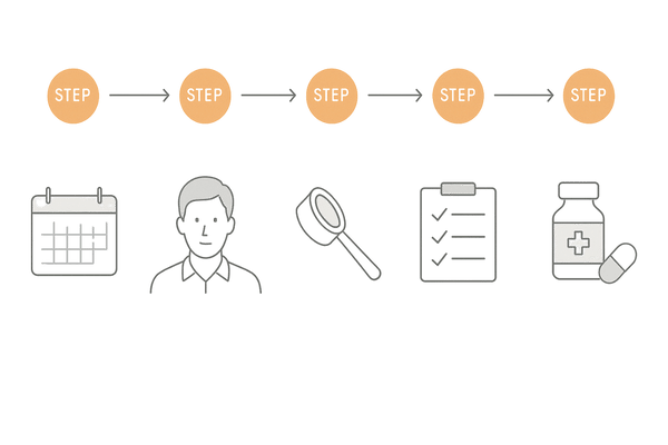 皮膚科での治療の流れと費用の目安｜初診〜処方までの5ステップ横長タイムライン