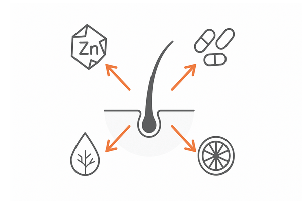 亜鉛・ビタミンB群・E・Cが支える髪づくり|頭皮・毛母細胞への栄養フロー図