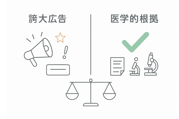 誇大広告と医学的根拠の違いを示す比較図（薄毛・発毛治療の正しい見極め）
