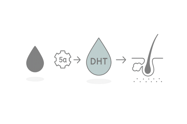 テストステロン→5α還元→DHT→皮脂腺刺激→頭頂部薄毛の関係フロー