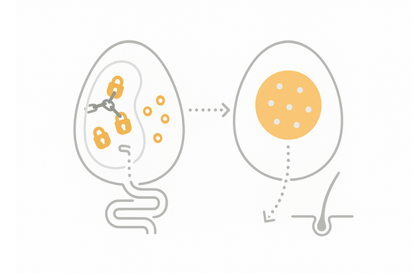 生卵のアビジンがビオチン吸収を阻害する仕組み（卵白と卵黄の役割と脱毛リスクの関係図）
