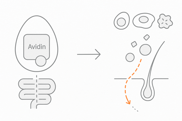 加熱でアビジンが失活しビオチン吸収が可能になる流れ（生→加熱の比較フロー）