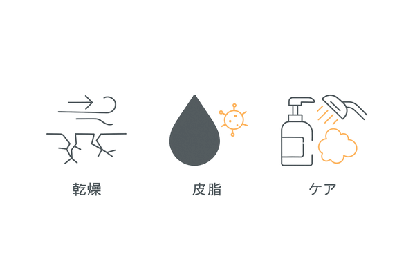 頭皮のかゆみの主因を整理：乾燥・皮脂過剰・ヘアケアミスの3カラム図
