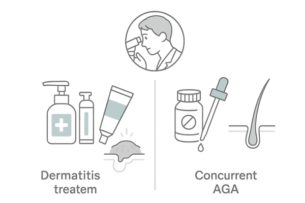 専門クリニックでの診断と治療イメージ｜マイクロスコープ観察＋皮膚炎治療とAGA治療の並行
