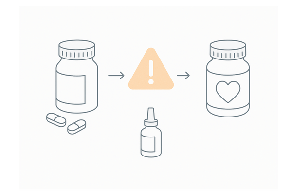 持病と併用薬の相互作用に配慮する抽象図（注意・飲み合わせ）