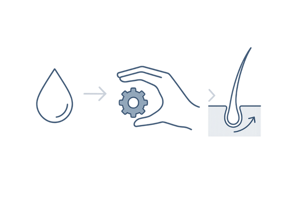 5αリダクターゼの働きを抑える抽象図（ホルモン→歯車→毛包の流れ）