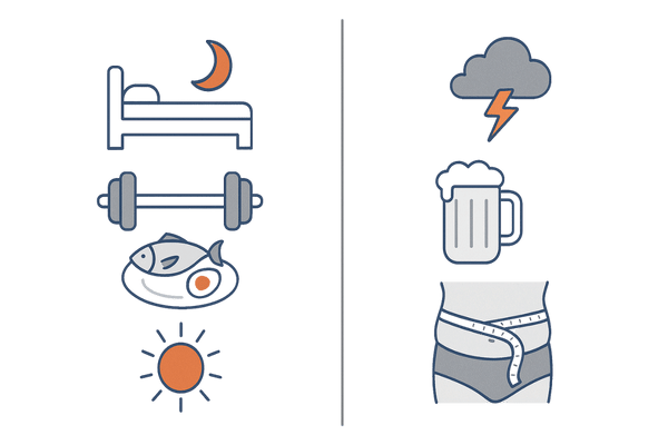 テストステロンを下げる習慣と高める習慣の対比図｜睡眠・運動・栄養 vs ストレス・飲酒・肥満