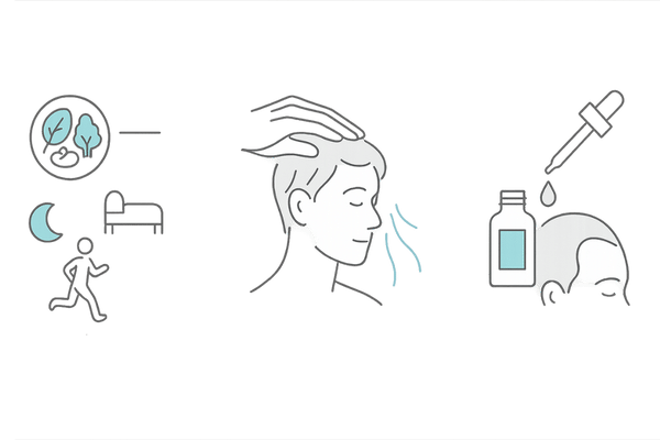 生え際の初期セルフケアの具体例イラスト｜生活習慣・頭皮ケア・育毛剤活用の3ポイント