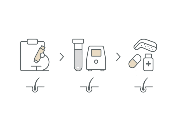 抜け毛が気になるときのクリニック受診フロー｜問診→血液検査→治療提案（AGA/栄養評価）