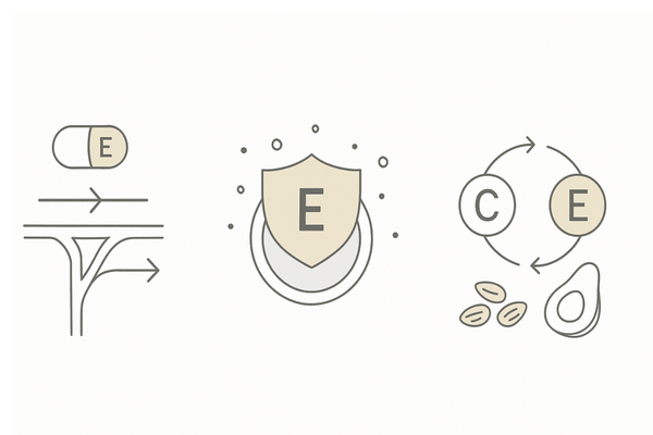 ビタミンEの血行促進と抗酸化、Cとの相乗イメージ