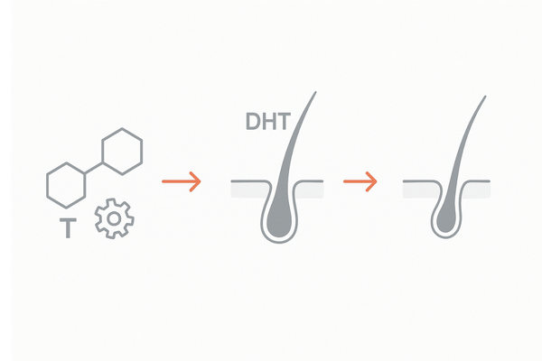 DHTによるヘアサイクル短縮の仕組み（テストステロン→5αリダクターゼ→DHT→毛包ミニチュア化の流れ）