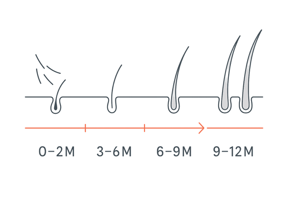 ザガーロ＋ミノキシジル併用の経過目安（0–12か月）：初期脱毛→抜け毛減少→産毛→太く長く