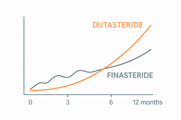 発毛実感の推移イメージ｜12か月の抽象ライン比較（ザガーロ／プロペシア）