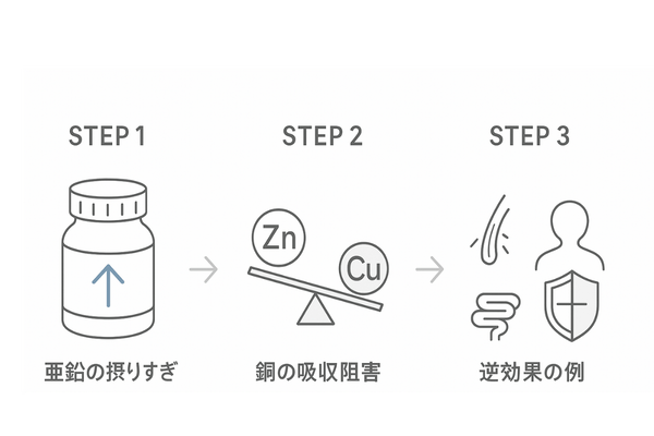 亜鉛過剰摂取の逆効果メカニズム（銅吸収阻害→毛髪脆弱・白髪化／消化器症状／免疫低下）をシンプル図解