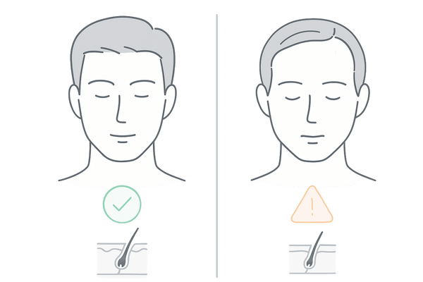 初期AGAの見分け方:正常と初期サインの左右比較(生え際・つむじ・毛包断面)