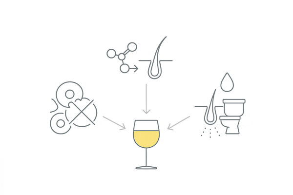 アルコールがAGAを加速させる3要因（細胞毒性・ホルモン変動・栄養排出）の関係図