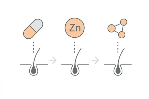 飲酒で消耗される栄養素（ビタミンB群・亜鉛・アミノ酸）と毛根への供給低下イメージ