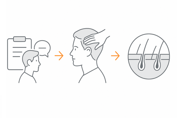 AGA診断の流れ｜問診→視診・触診→マイクロスコープの3ステップ