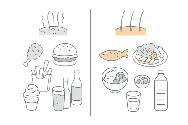 AGA悪化を招く食習慣と改善例を比較したイラスト