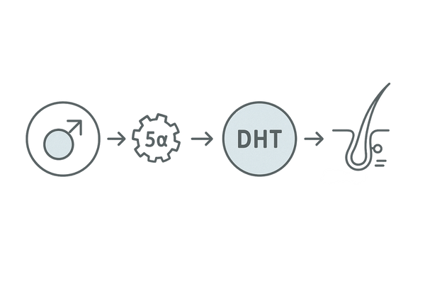 DHT生成と毛包への作用フロー図（テストステロン→5αリダクターゼ→DHT→毛包ミニチュア化）