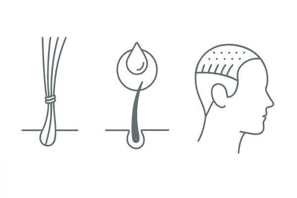 結毛式・接着式・シート式の増毛法を比較する3カラム図（増毛 種類 比較 結毛式 接着式 シート式）