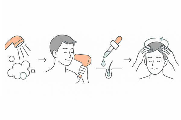 育毛剤・発毛剤の正しい使い方：入浴後～乾燥～塗布～マッサージの4ステップ