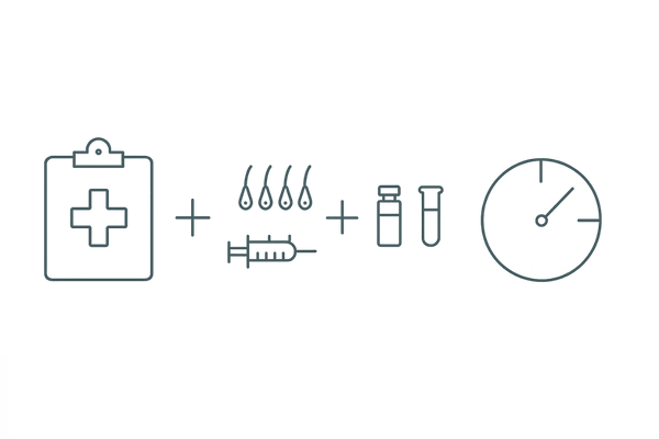 AGA植毛費用の内訳イメージ｜基本料金＋（グラフト単価×グラフト数）＋検査・麻酔・術後ケア