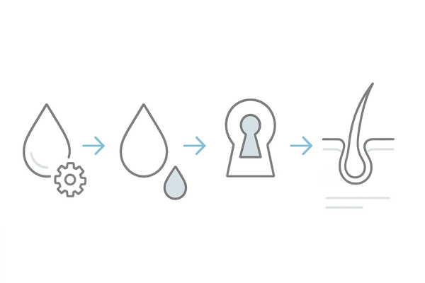 DHTがヘアサイクルを短縮する流れ(テストステロン→DHT→受容体→毛包のミニチュア化)