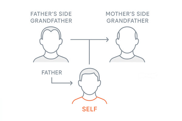 家族歴・遺伝要因の抽象図(父方・母方・実父の系譜と薄毛リスクの示唆)