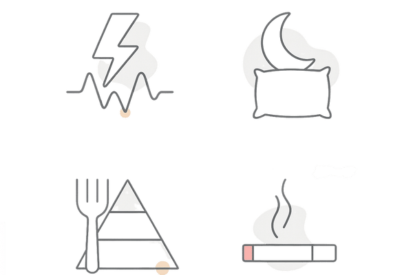 現代生活のリスク因子4象限(ストレス・睡眠不足・栄養偏り・喫煙)アイコン集