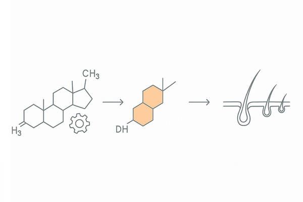 見出し「AGA（男性型脱毛症）のメカニズムと治療」内、「原因は男性ホルモンと遺伝」の段落直後
