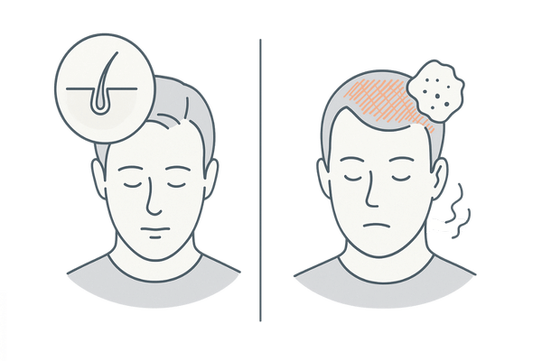 AGAと脂漏性皮膚炎の違いを一目で比較｜部位・炎症・フケ・毛の細化のアイコン図解