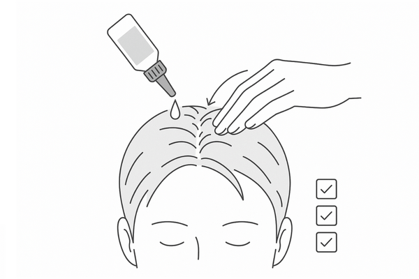 ステロイド外用薬ローションの塗り方｜分け目への滴下と指腹でのなじませ方（注意点イメージ）