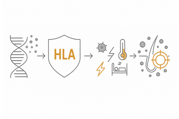 円形脱毛症の遺伝的素因｜HLA・多因子遺伝と発症プロセスの概念図