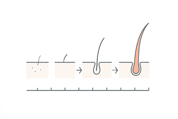AGA治療の経過イメージ:0〜12か月の変化(初期脱毛→産毛→太く長く)