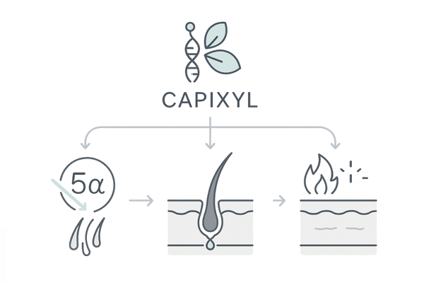 キャピキシルの理論上の育毛作用フロー:DHT抑制・毛包強化・抗炎症