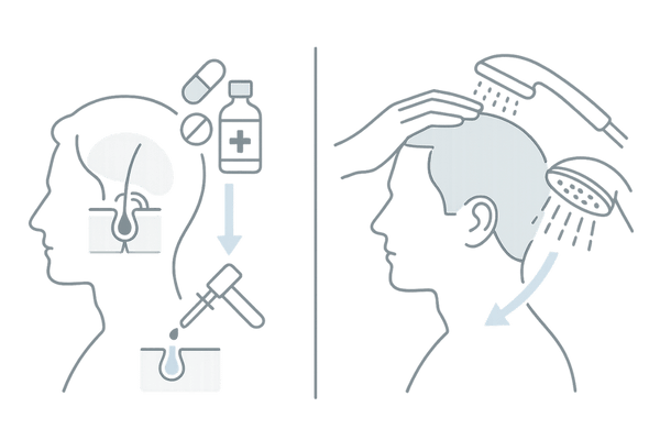 クリニック治療と育毛サロンケアの発毛アプローチの違いイメージ|薬物治療と頭皮ケアの比較図