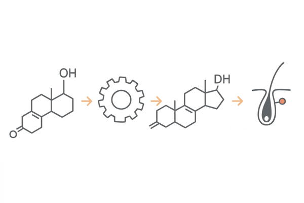 AGAの仕組み図｜テストステロン→5αリダクターゼ→DHT→受容体結合→成長期短縮の流れ