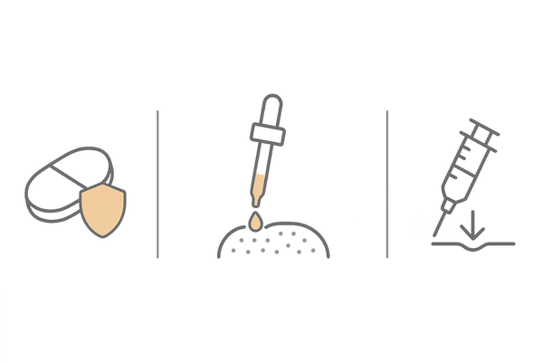 AGA治療の役割比較図｜内服薬（進行抑制）・外用薬（発毛促進）・注入治療（集中的アプローチ）