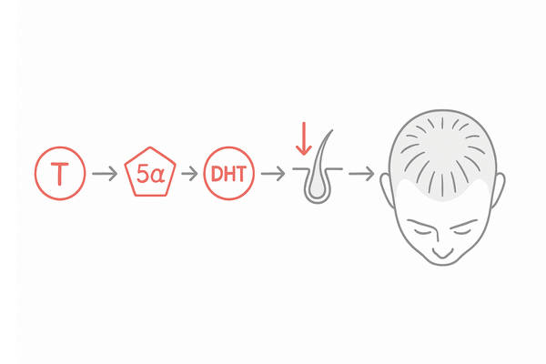 つむじはげの原因—AGAメカニズム図（DHTと成長期短縮）